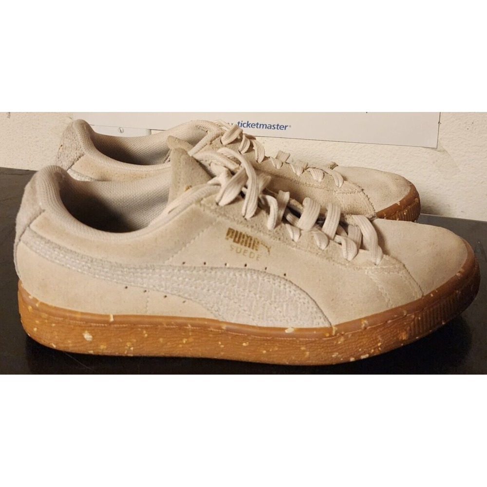 Puma Women's 7.5 Suede Trainer Sneakers Off White Cream Beige Gum Splatter - Picture 2 of 13